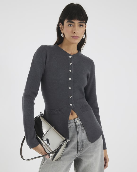 Grey Knitted Button Up Cardigan