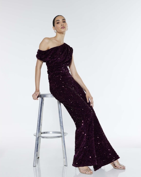 Red Pull On Velvet Sequin Trousers