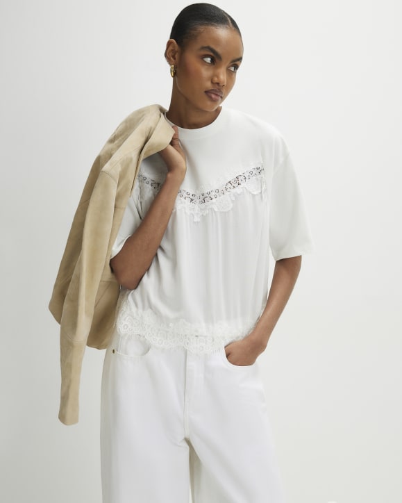 White Cotton Lace Detail T-Shirt