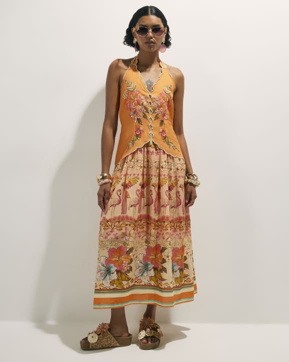 Orange Cotton Floral Print Peplum Maxi Dress