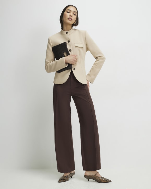 Brown Faux Suede Cropped Seam Front Trousers
