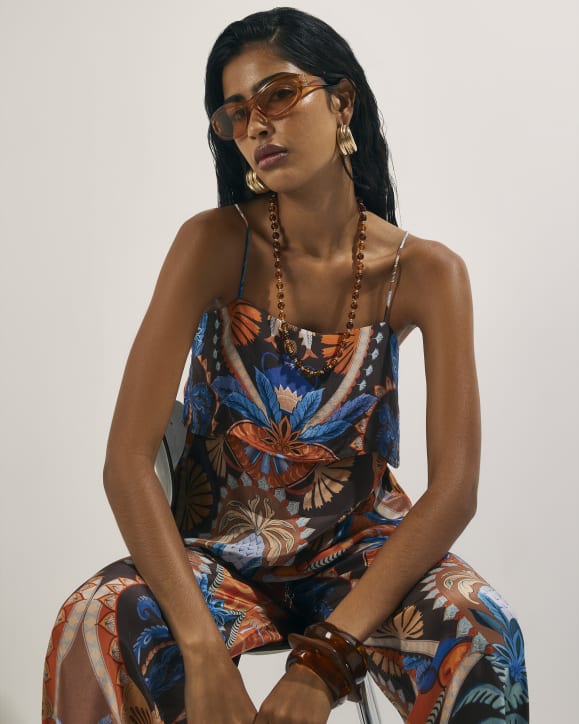 Brown Palm Print Tiered Cami Top