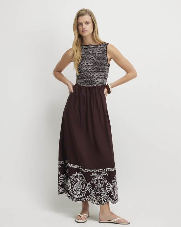 Brown Cotton Embroidered Hem Midi Dress