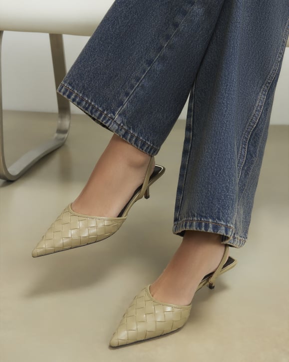 Green Woven Slingback Kitten Heel Court Shoes