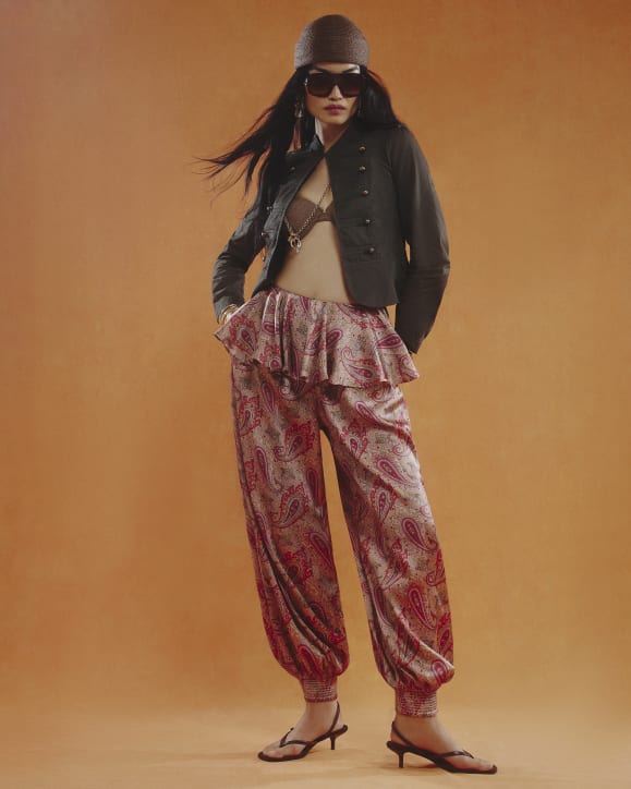 Red Paisley Satin Balloon Trousers