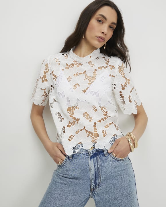 White Lace Short Sleeve Blouse