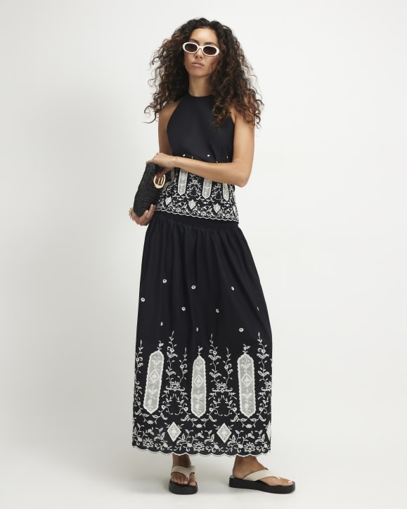 Black Cotton Cutwork Hem Maxi Skirt
