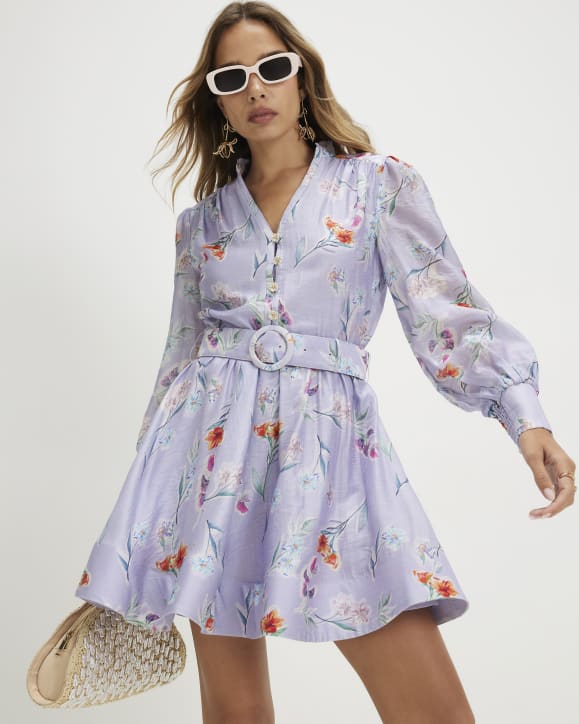Purple Linen Blend Floral Shirt Dress