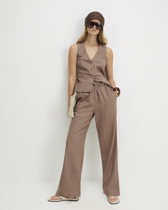 Beige Linen Blend Drawstring Tapered Trousers