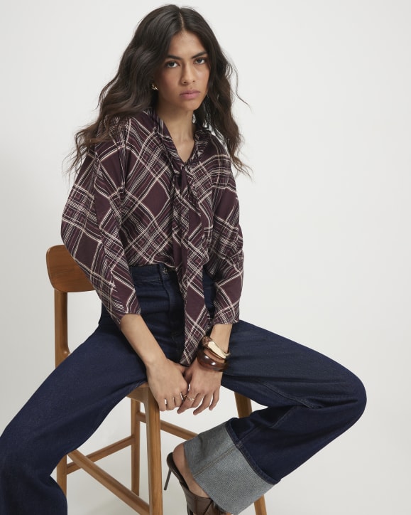 Purple Check Print Pussybow Blouse