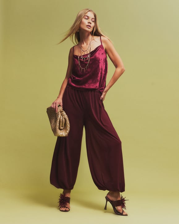 Burgundy Cowl Neck Satin Jacquard Cami Top