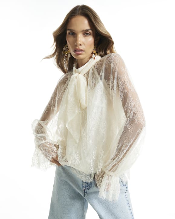 Cream Lace Pussybow Blouse