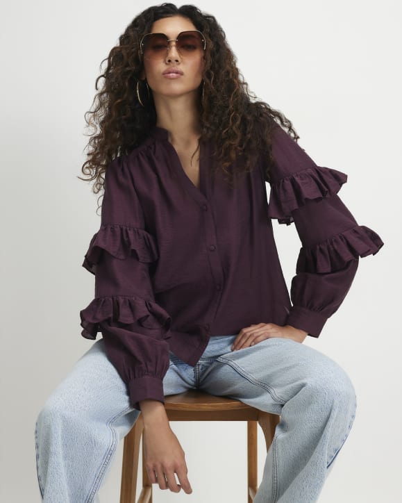 Burgundy Long Sleeve Ruffle Blouse