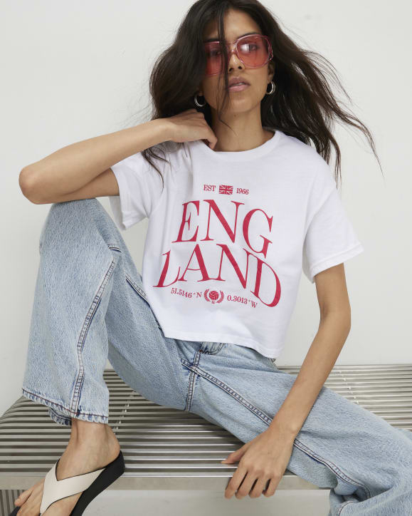 White Cotton Boxy Fit England Cropped T-Shirt