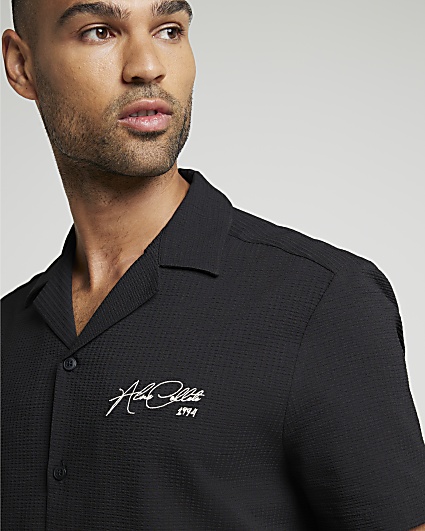 Black regular fit embroidered revere shirt