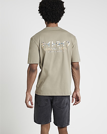 Khaki regular fit Japanese graphic t-shirt