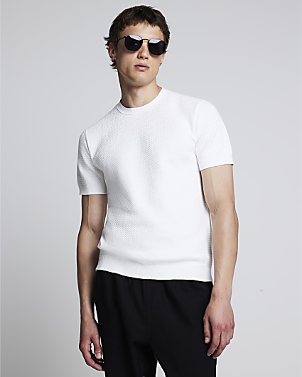 2PK white slim fit knit textured t-shirt