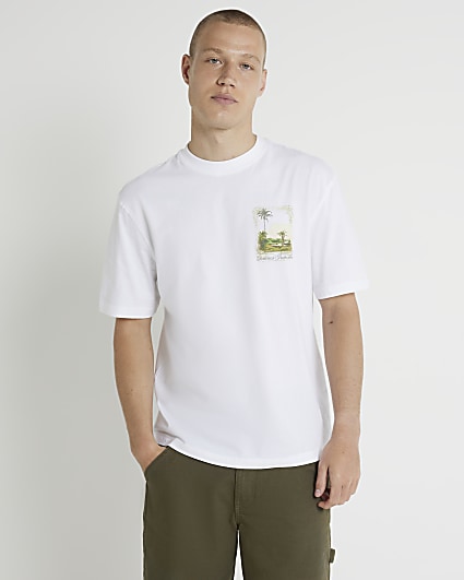 White regular fit palm tree graphic t-shirt