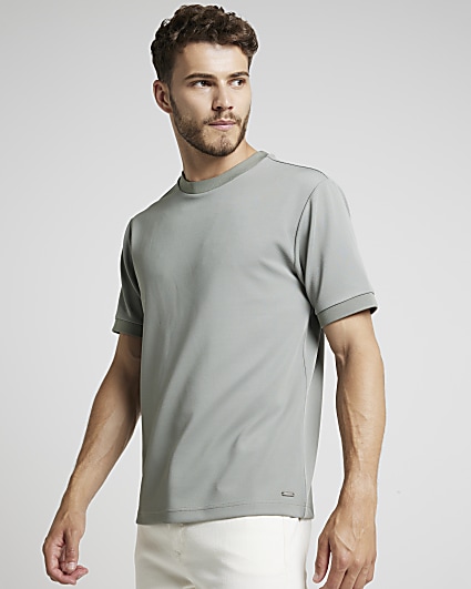 Khaki slim fit textured smart t-shirt