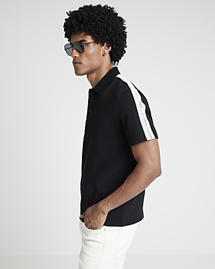 Black regular fit crochet tape polo t-shirt