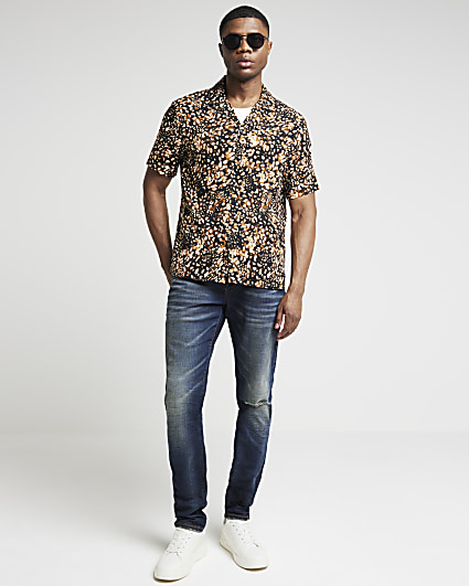 Black regular fit leopard print revere shirt