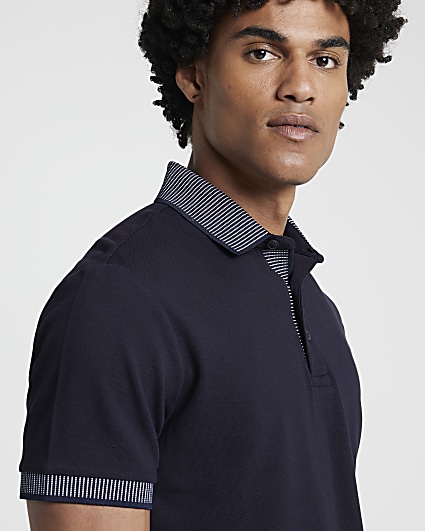 Navy slim fit contrast polo shirt