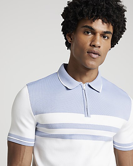 White muscle fit colour block knit polo shirt