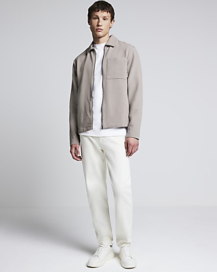 Beige regular fit ribbed zip up shacket