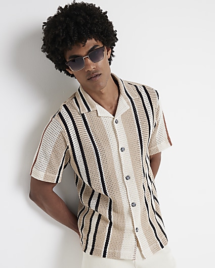 Brown regular fit crochet stripe revere shirt