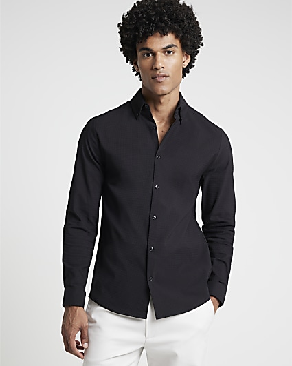 Black muscle fit textured shirt