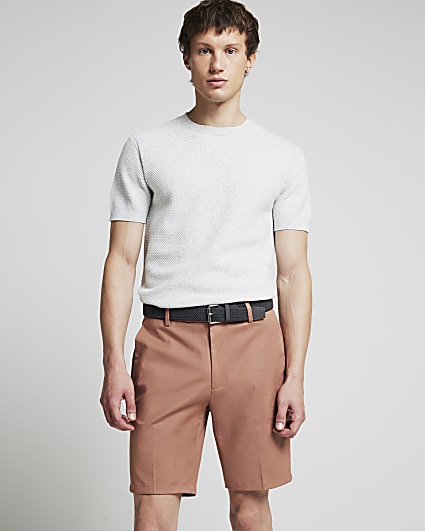 Pink Slim Fit Belted Chino Shorts