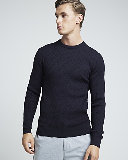 Navy muscle fit cable knit jumper