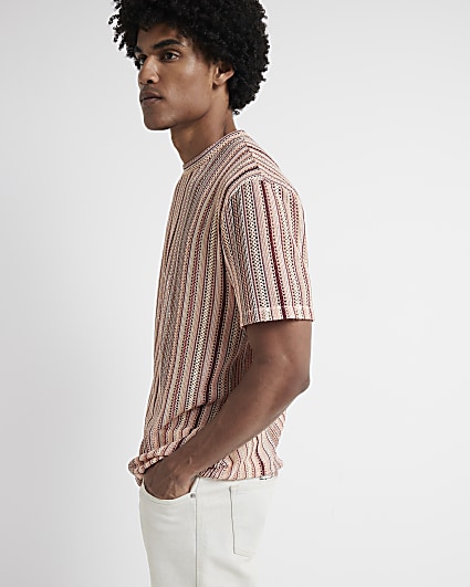 Pink regular fit crochet stripe t-shirt