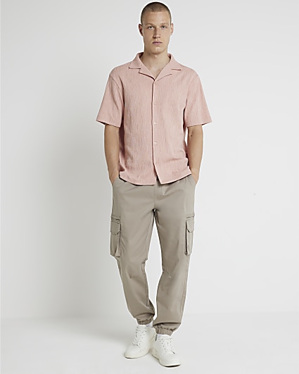 Pink regular fit revere plisse shirt