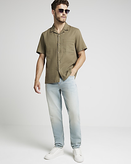 Khaki Regular Fit Linen Blend Revere Shirt