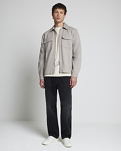 Grey regular fit textured zip up overshirt