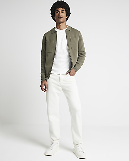 Khaki regular fit knitted zip up shirt