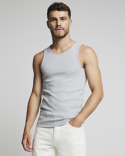 3 PK grey muscle fit ribbed vest top