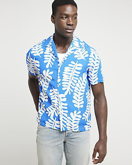 Blue regular fit tropical leaf shirt