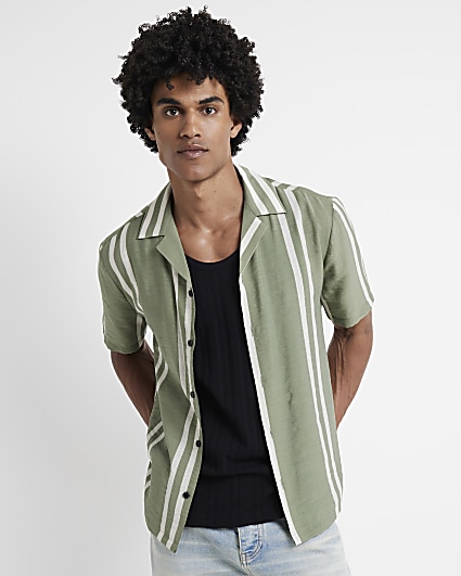 Green regular fit stripe revere shirt