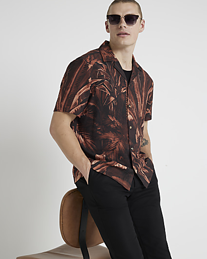 Brown Palm Print short sleeve shirt