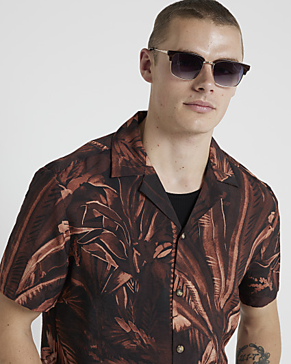 Brown Palm Print short sleeve shirt