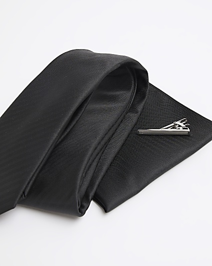 Black herringbone tie and handkerchief set