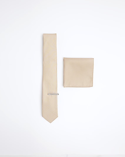 Beige herringbone tie and handkerchief set