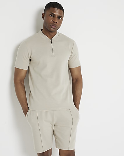 Stone slim fit textured half zip polo