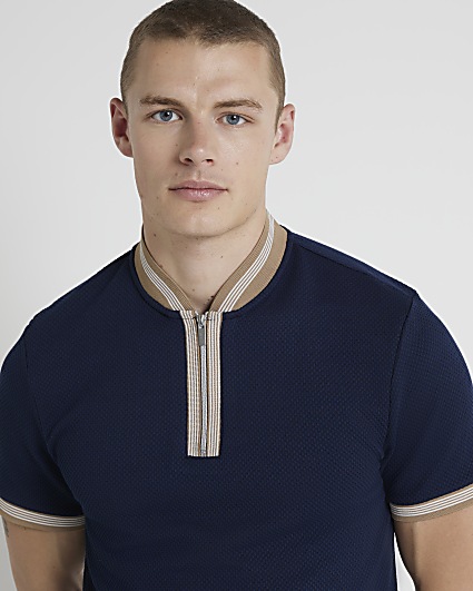 Navy slim fit textured taped polo