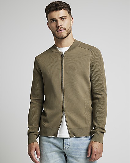 Green slim fit knitted zip up bomber jacket