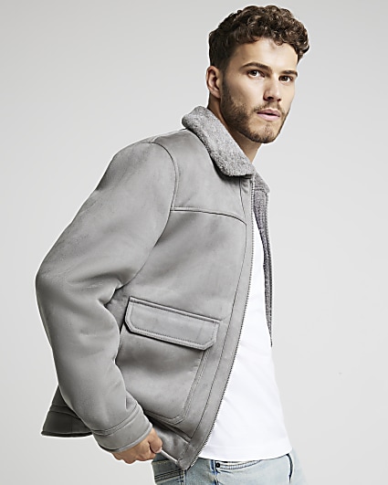 Grey regular fit shearling western jacket