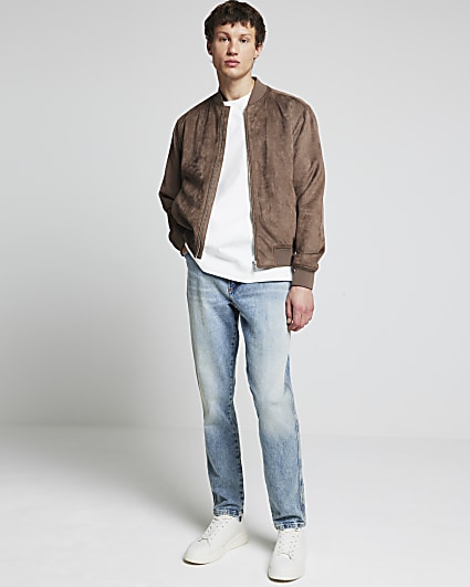 Stone Regular Fit Suedette Bomber Jacket