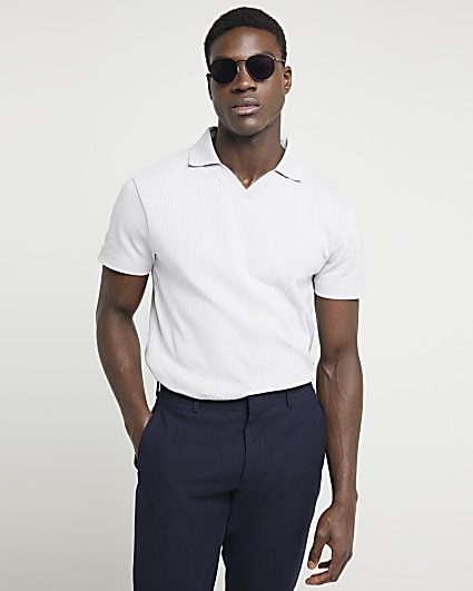 Grey regular fit textured open neck polo
